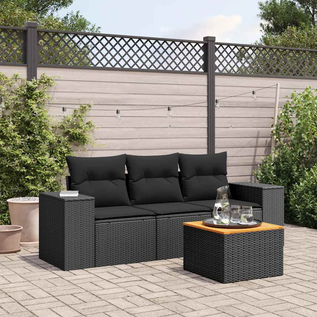 vidaXL 4-delige Loungeset met kussens poly rattan zwart