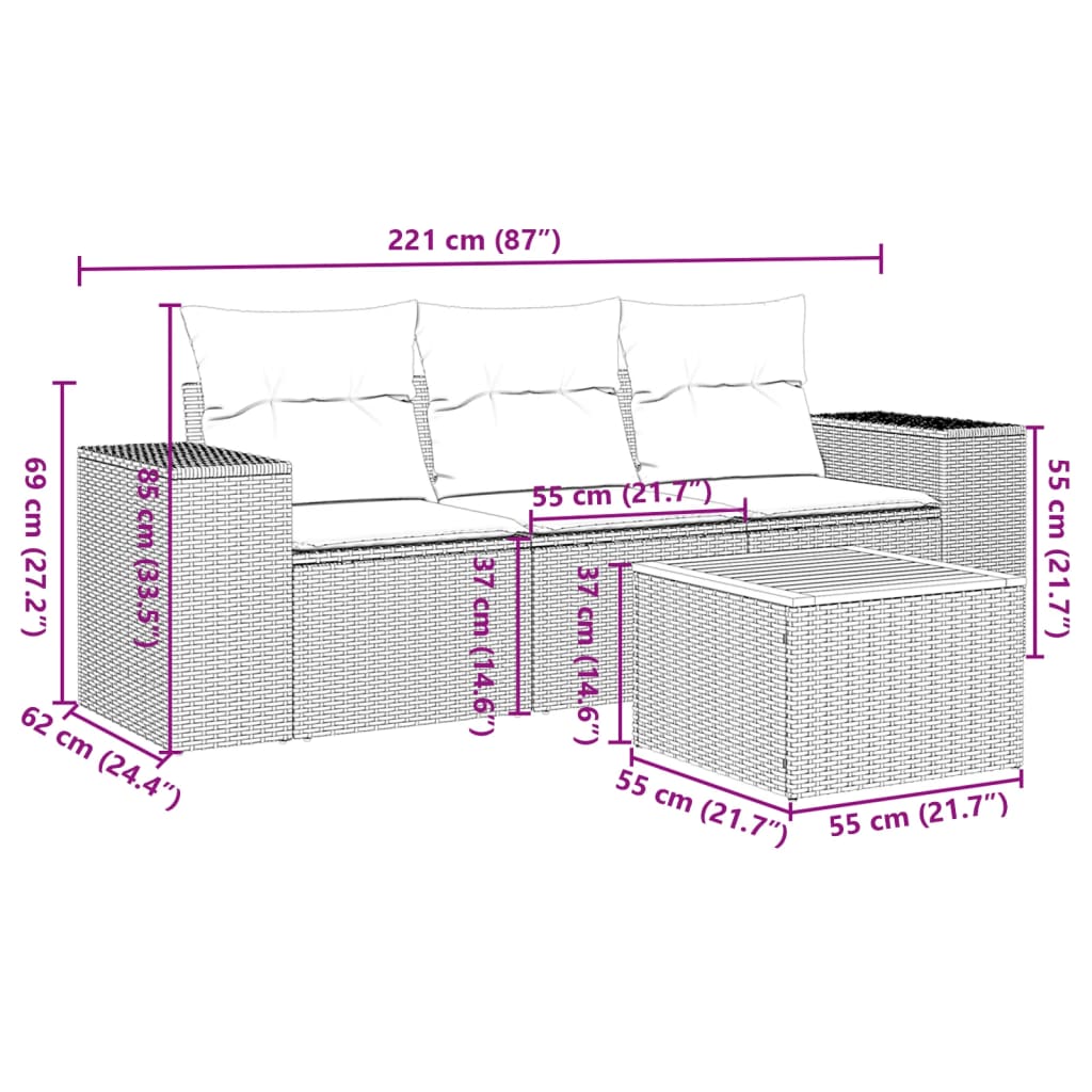 vidaXL 4-delige Loungeset met kussens poly rattan zwart