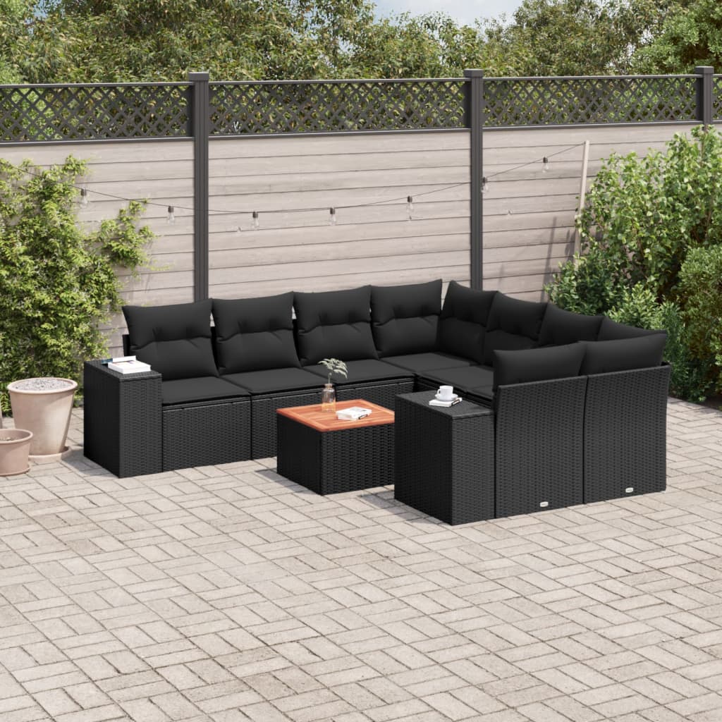 vidaXL 9-delige Loungeset met kussens poly rattan zwart