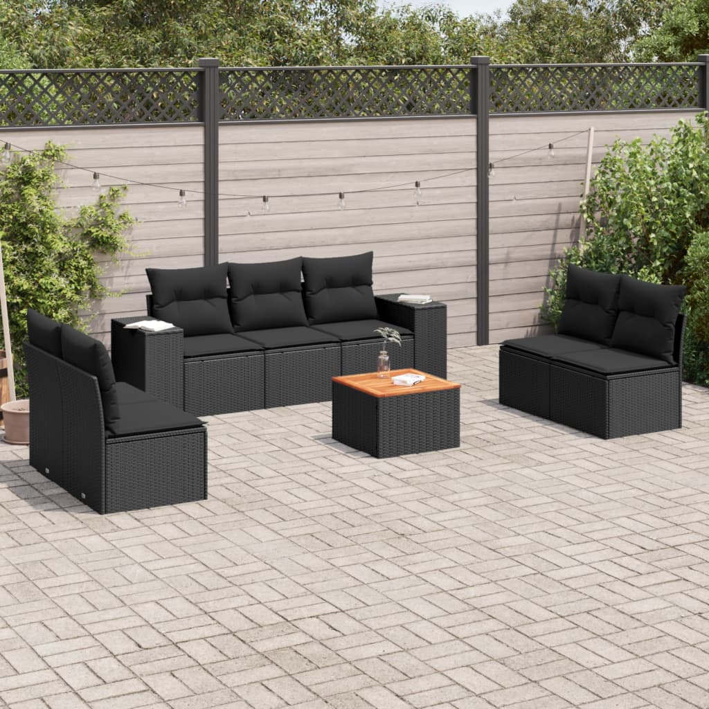 vidaXL 8-Piece Poly Rattan Lounge Set with Cushions Black