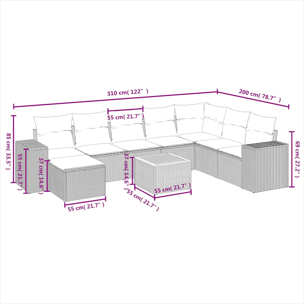 vidaXL 9-piece Garden Sofa Set with Cushions Black Poly Rattan