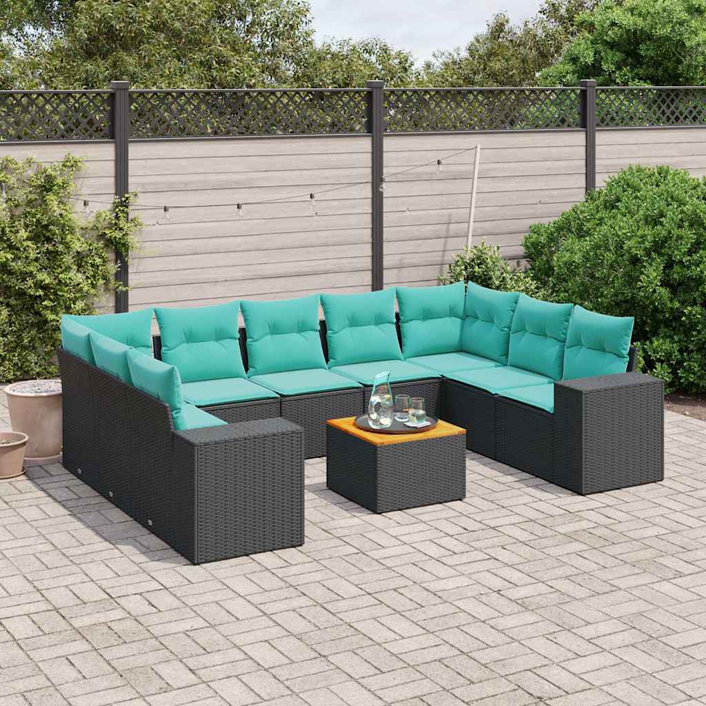 vidaXL 10-piece Garden Sofa Set with Cushions Black Poly Rattan
