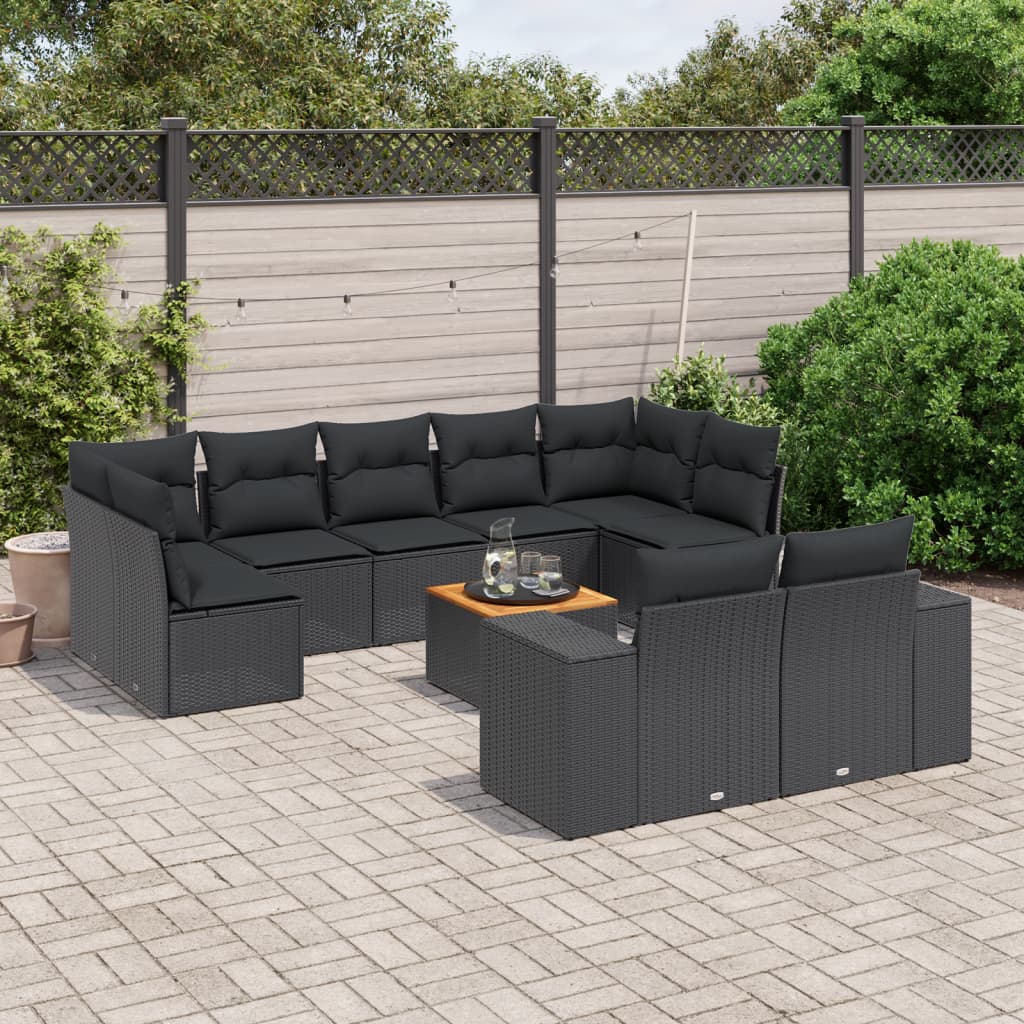 vidaXL 10-delige Loungeset met kussens poly rattan zwart