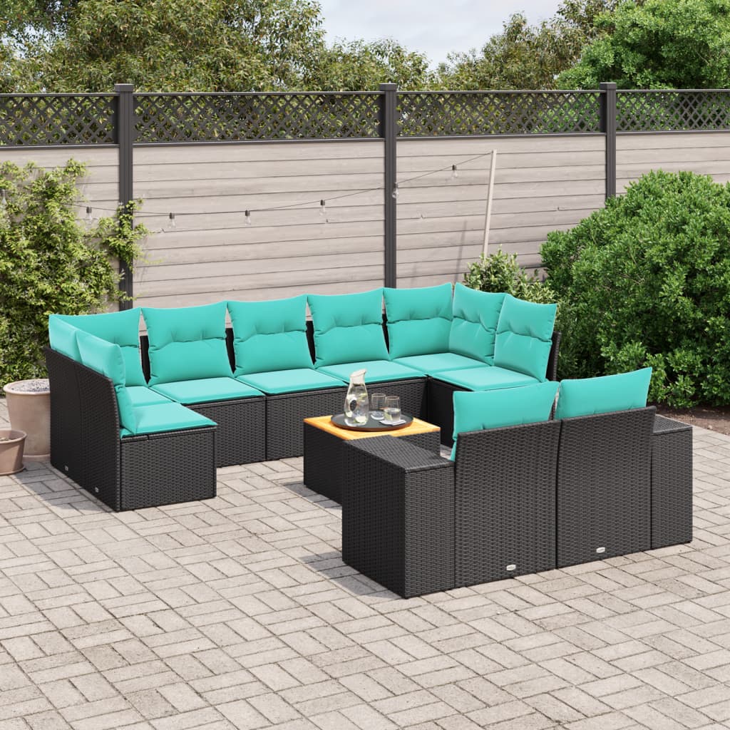 vidaXL 10-piece Garden Sofa Set with Cushions Black Poly Rattan