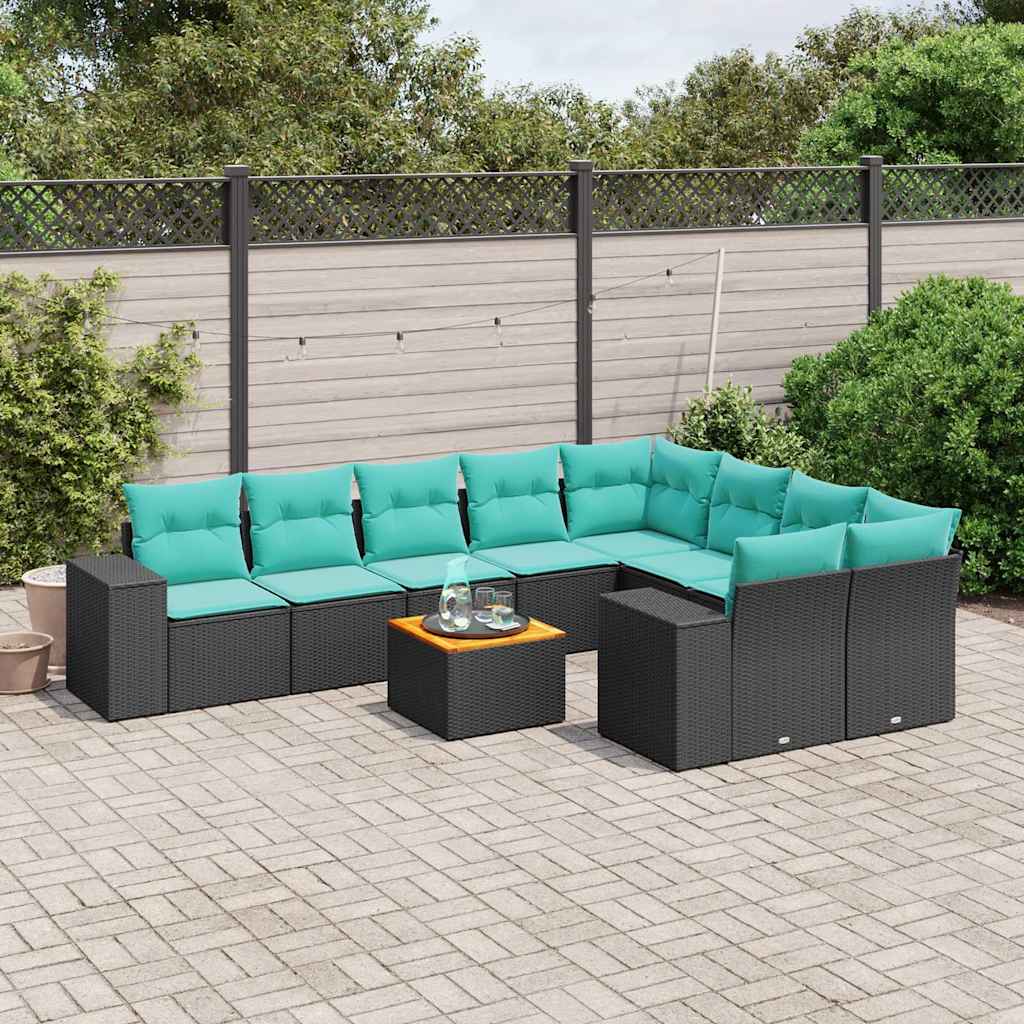 vidaXL 10-piece Garden Sofa Set with Cushions Black Poly Rattan