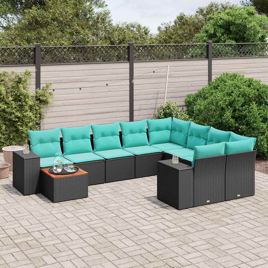 vidaXL 10-piece Garden Sofa Set with Cushions Black Poly Rattan