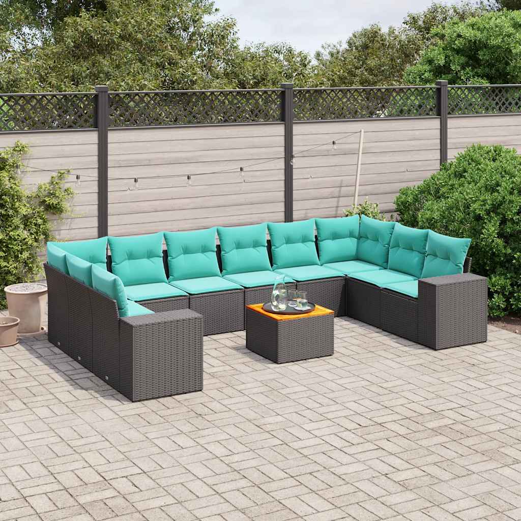 vidaXL 11-Piece Garden Lounge Set with Cushions, Black Poly Rattan