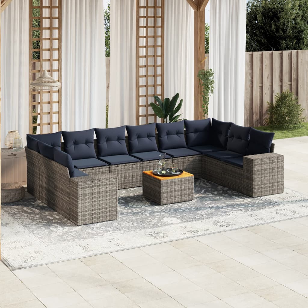 vidaXL 11-Piece Garden Lounge Set with Cushions, Black Poly Rattan