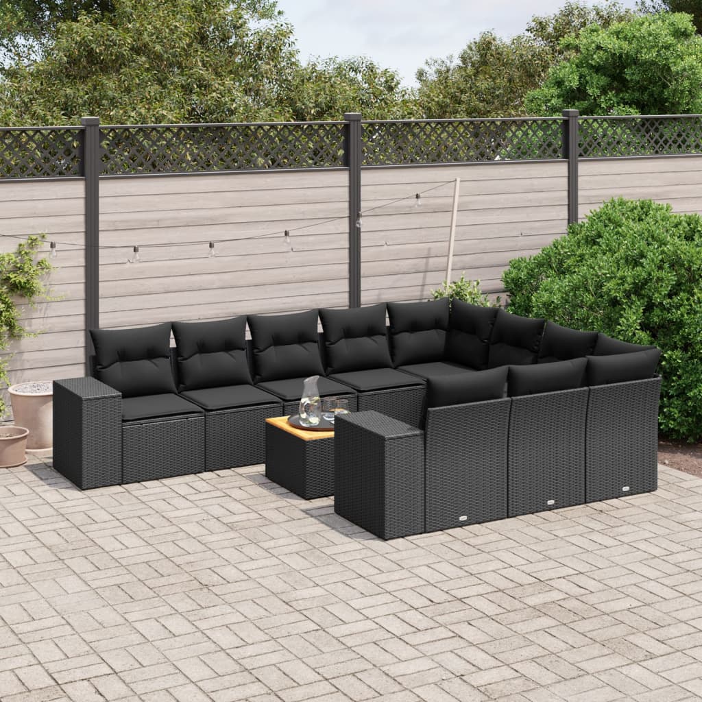 vidaXL 11-Piece Lounge Set with Cushions Poly Rattan Black