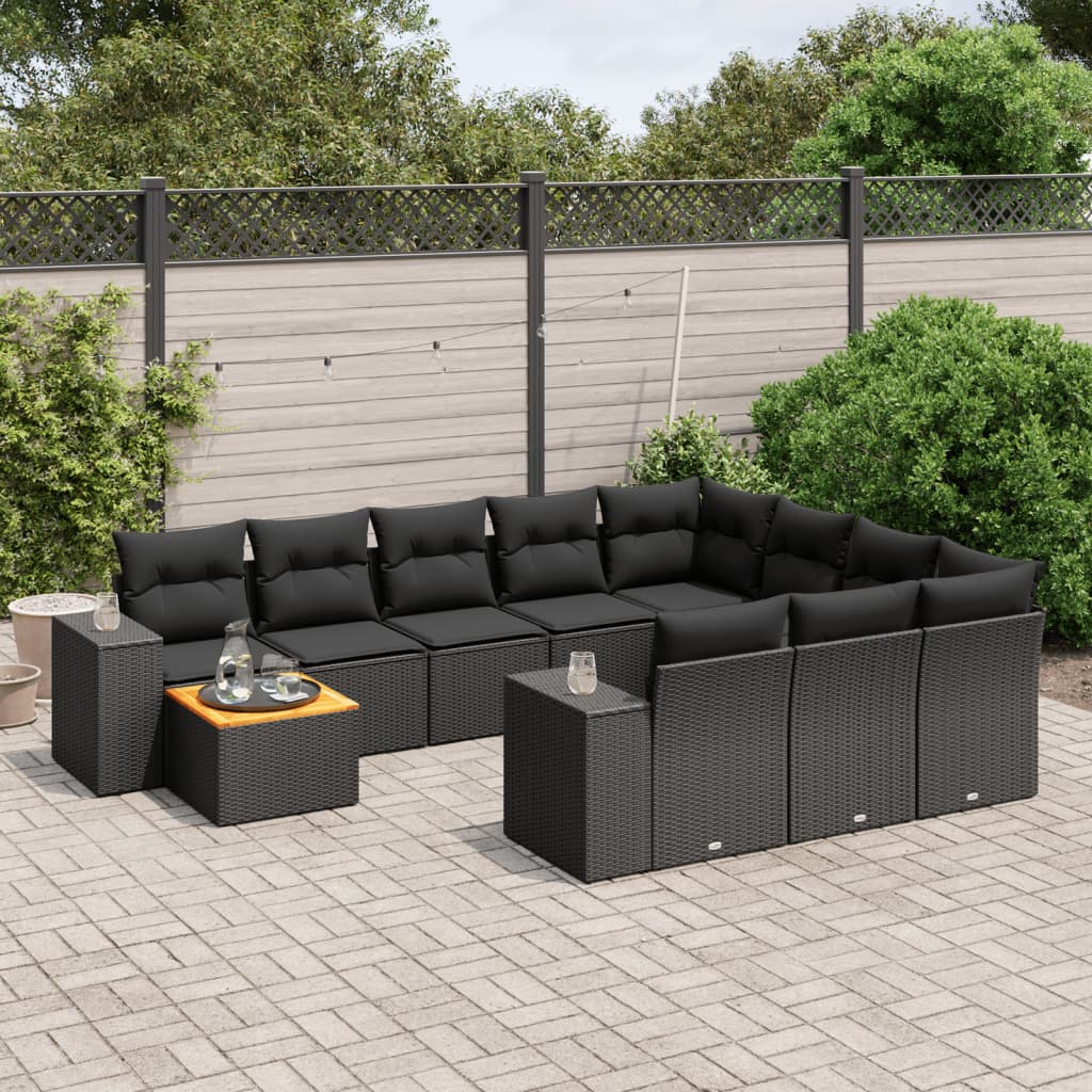 vidaXL 11-Piece Lounge Set with Cushions Poly Rattan Black