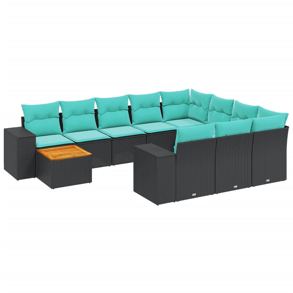 vidaXL 11-Piece Garden Lounge Set with Cushions, Black Poly Rattan