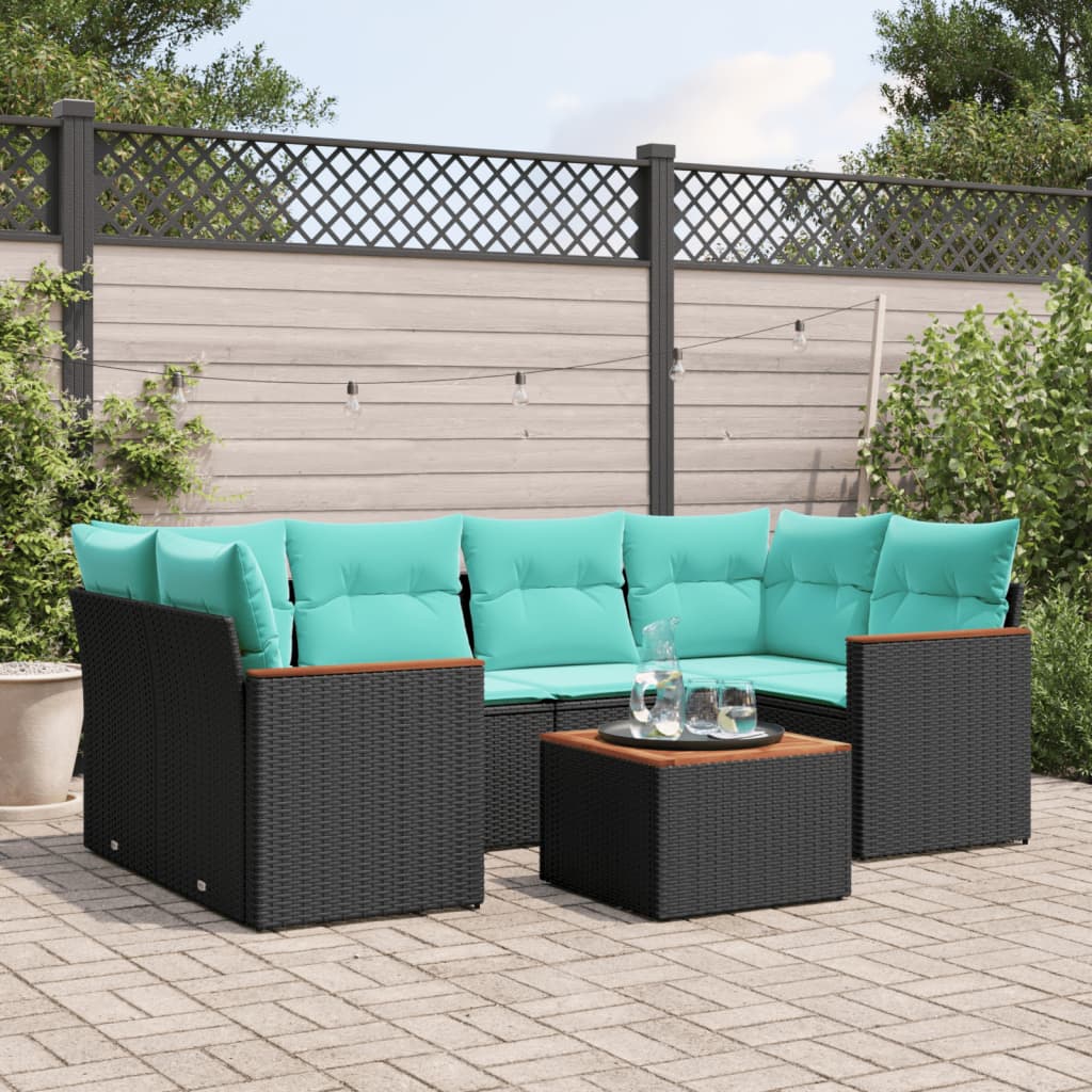 vidaXL 7-delige tuinbankset met kussens van zwart polyrotan