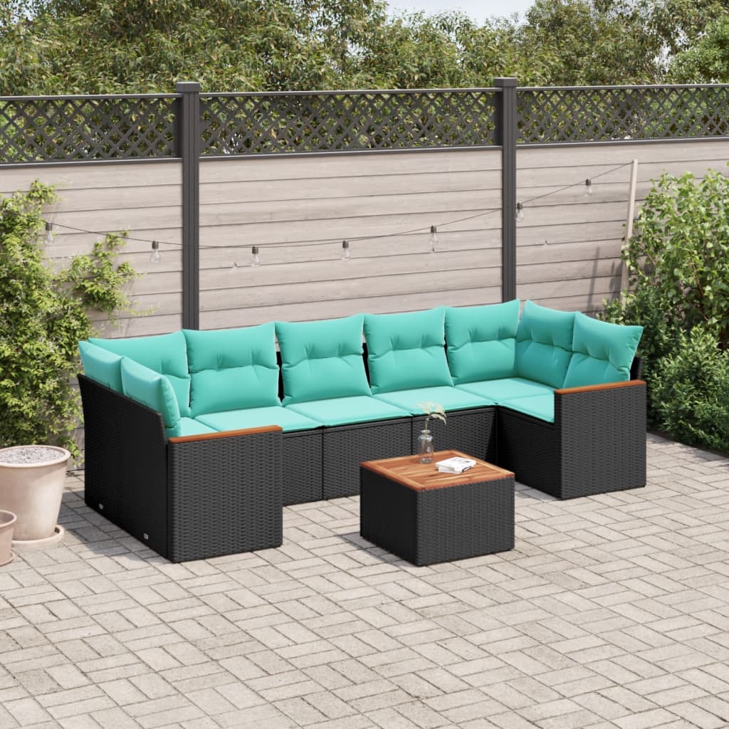 vidaXL 8-delige tuinbankset met kussens, zwart polyrotan