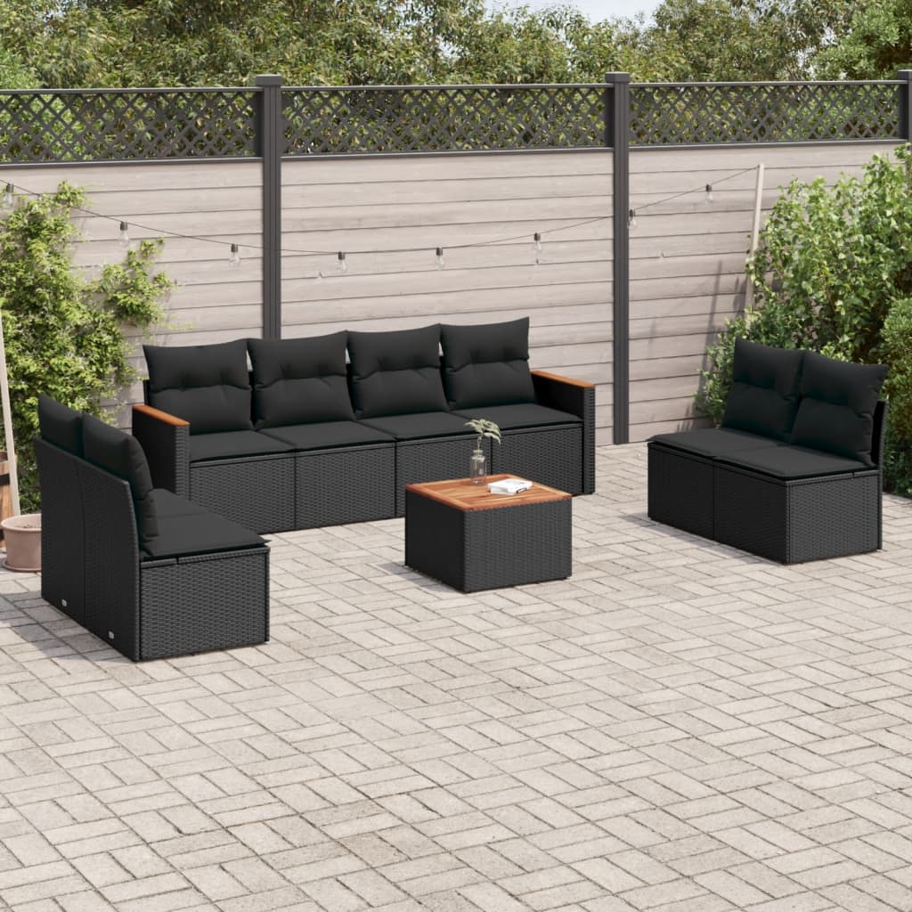 vidaXL 8-delige Loungeset met kussens poly rattan zwart