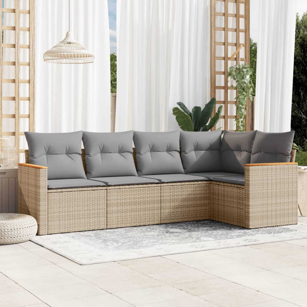 vidaXL 5-delige Loungeset met kussens poly rattan zwart