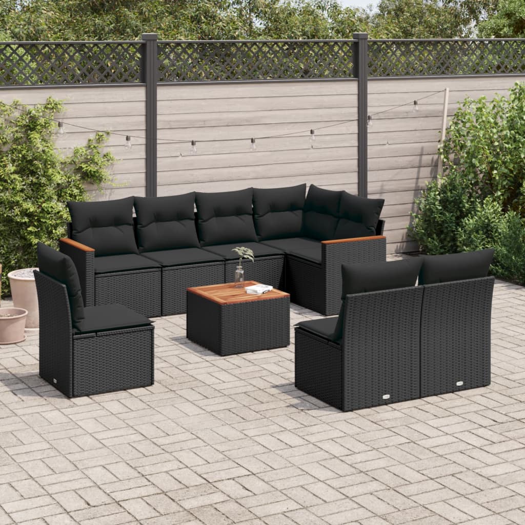vidaXL 8-delige Loungeset met kussens poly rattan zwart