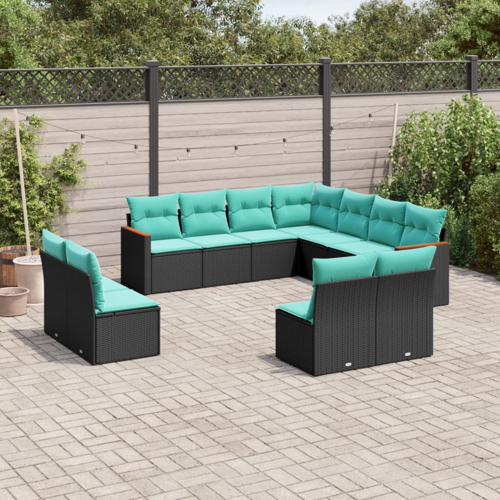 vidaXL 11-delige tuinbankset met kussens, zwart polyrotan