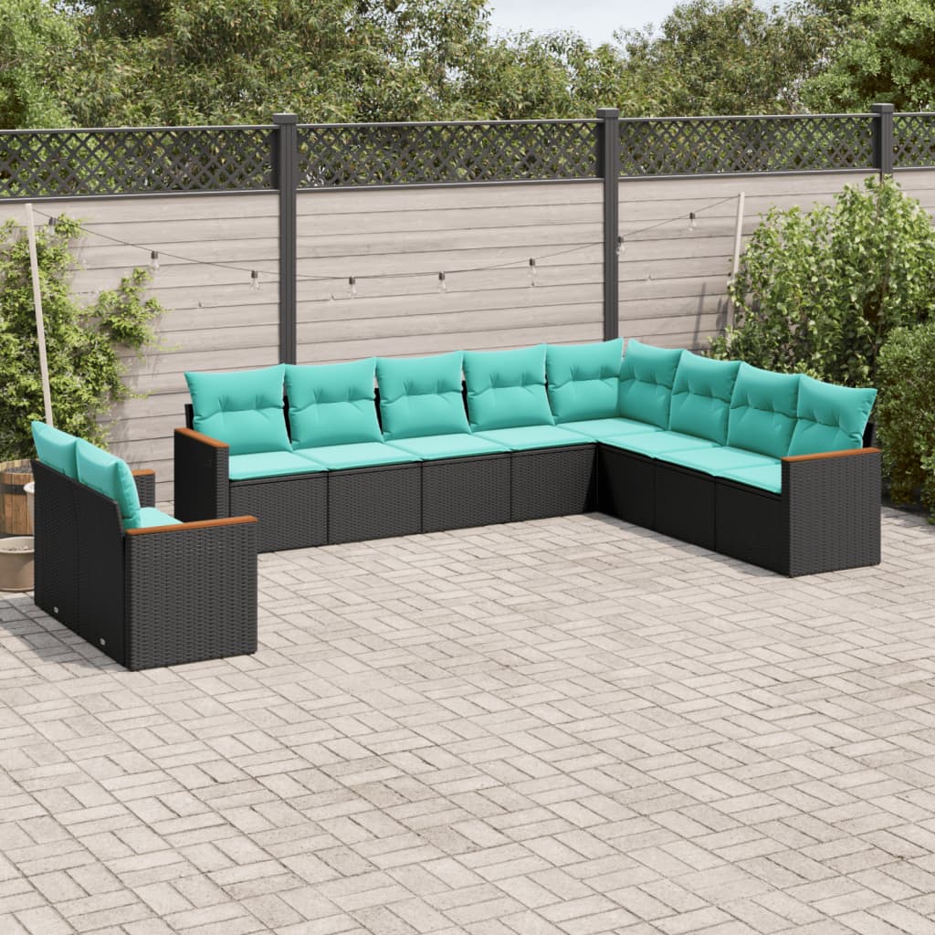vidaXL ensemble de 10 banques de jardin avec coussins en polyrotan noir