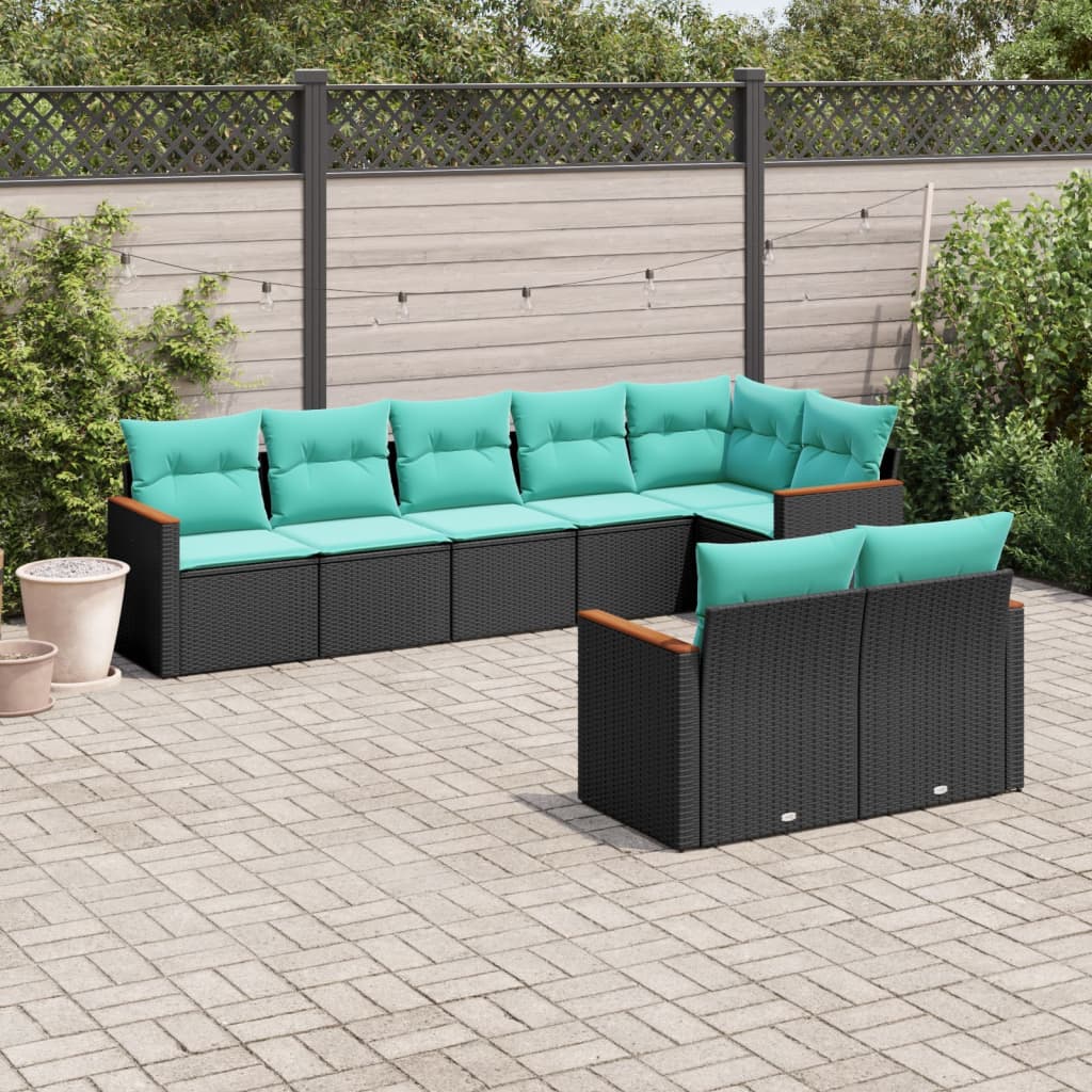 vidaXL 8-delige tuinbankset met kussens, zwart polyrotan