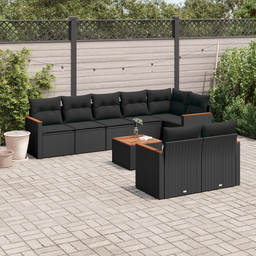 vidaXL 8-delige Loungeset met kussens poly rattan zwart