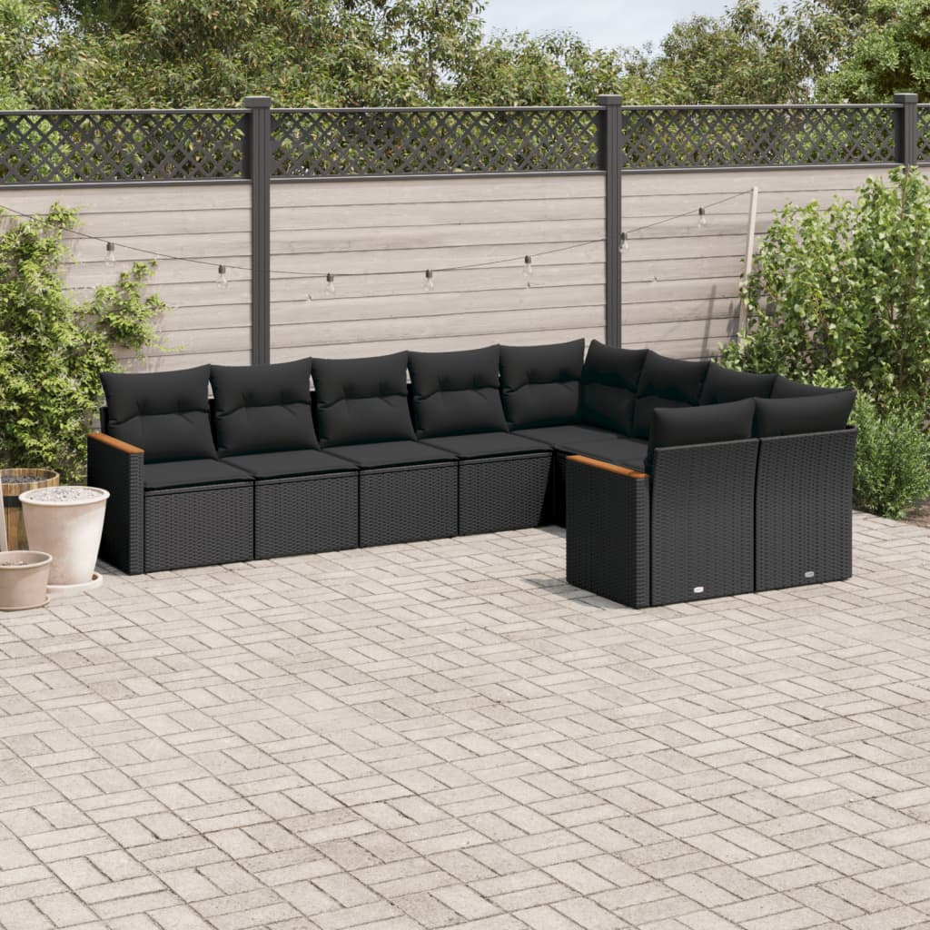 vidaXL 9-delige Loungeset met kussens poly rattan zwart