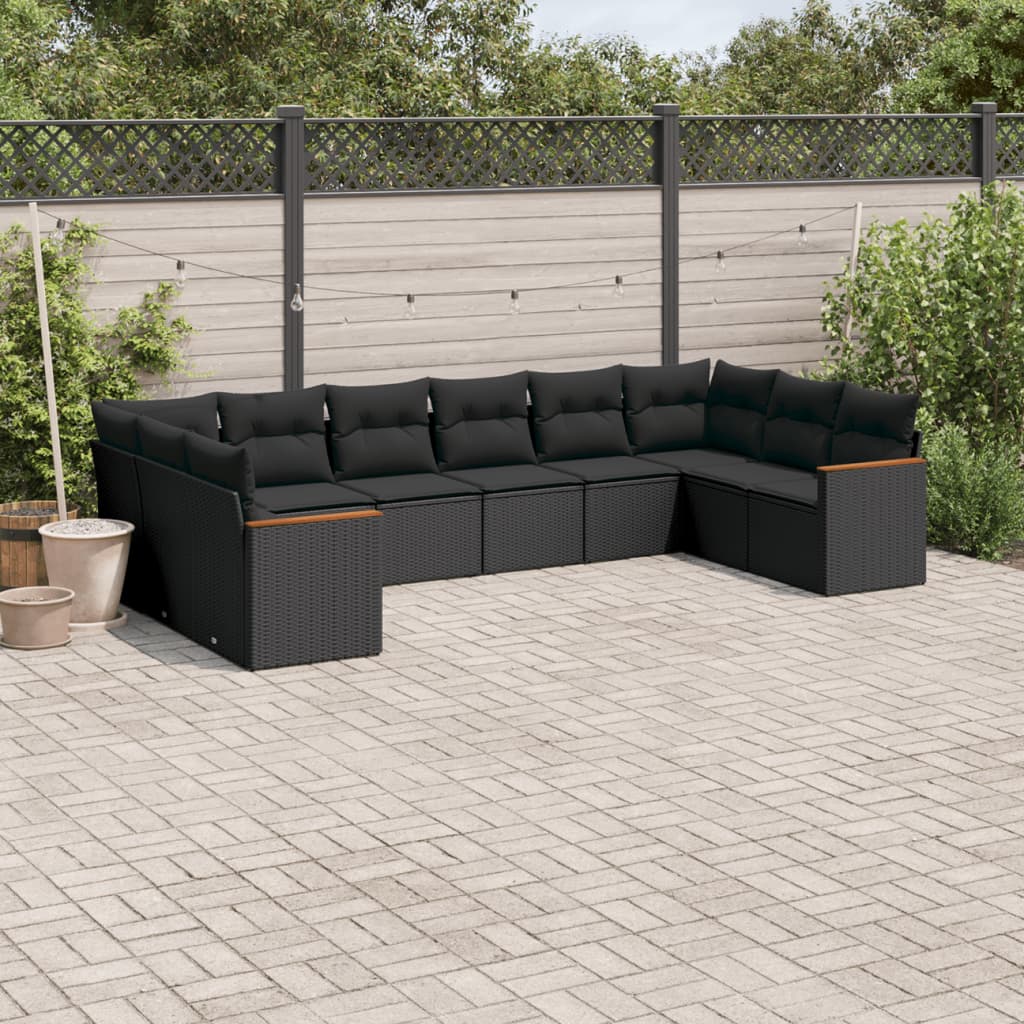 vidaXL Ensemble de salon 10 personnes avec coussins en poly rotin noir