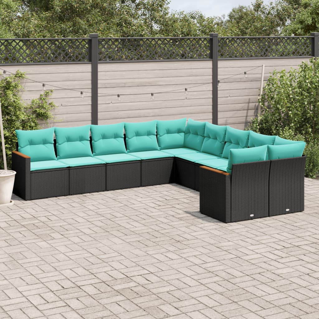 vidaXL 10-delige tuinbankset met kussens van zwart polyrotan