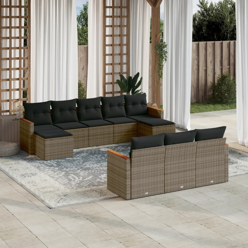 vidaXL 10-delige Loungeset met kussens poly rattan zwart