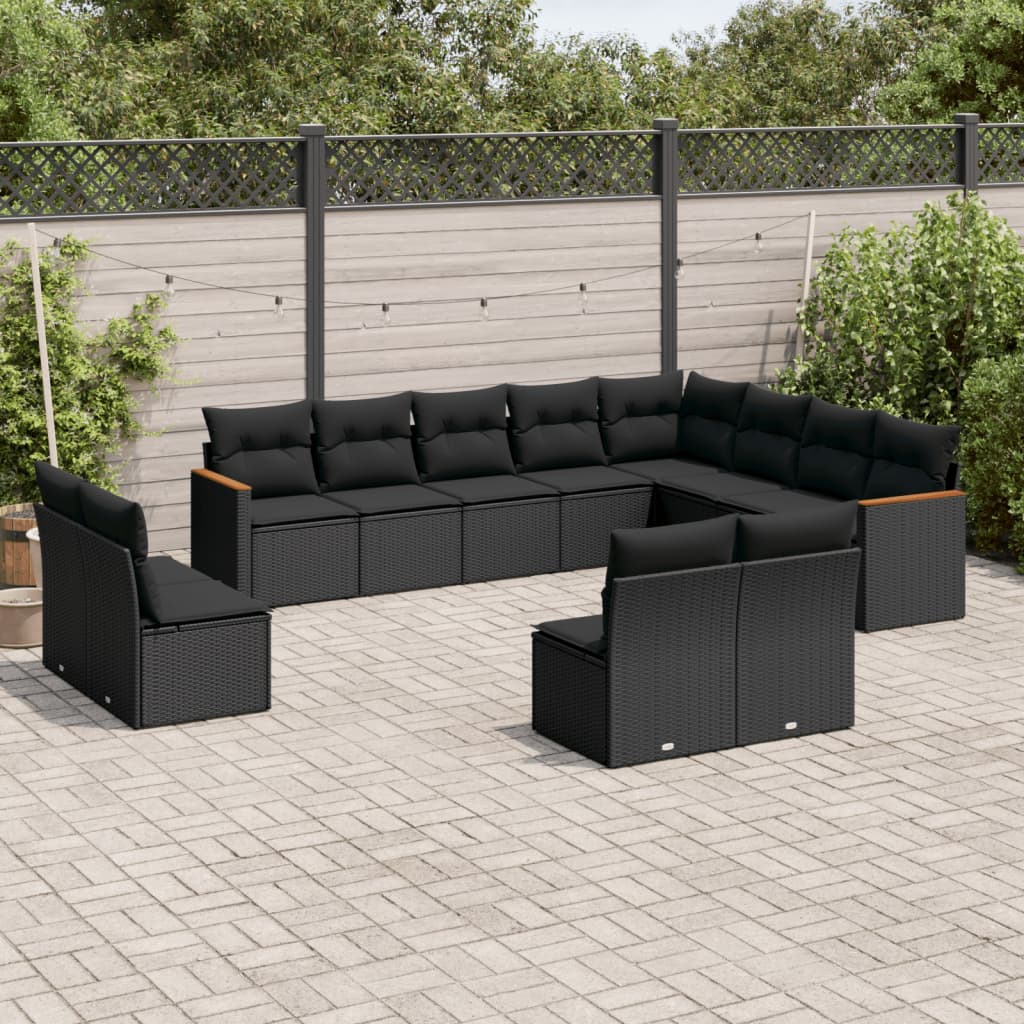 vidaXL Ensemble de salon 12 personnes avec coussins en poly rotin noir