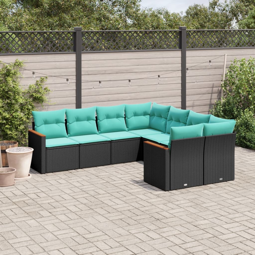 vidaXL 8-delige tuinbankset met kussens, zwart polyrotan
