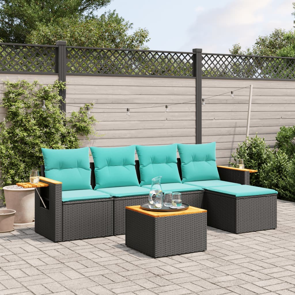 vidaXL 5-delige Loungeset met kussens poly rattan zwart