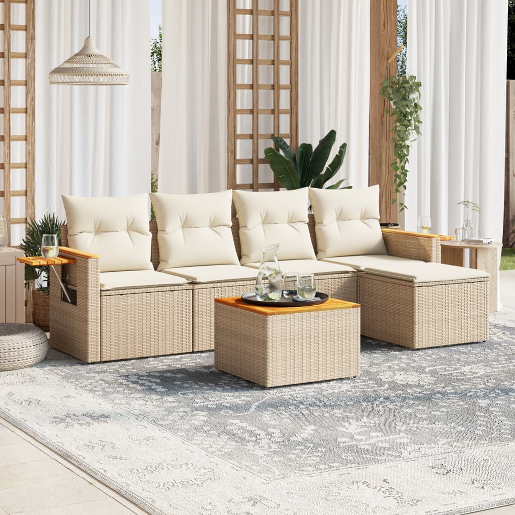 vidaXL 5-delige Loungeset met kussens poly rattan zwart