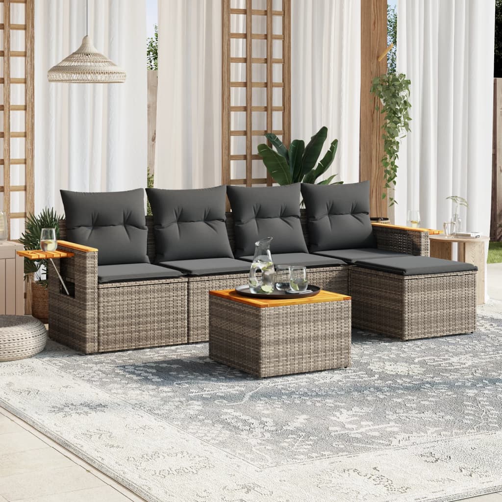 vidaXL 5-delige Loungeset met kussens poly rattan zwart