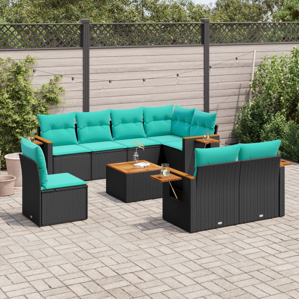 vidaXL 8-Piece Poly Rattan Lounge Set with Cushions Black
