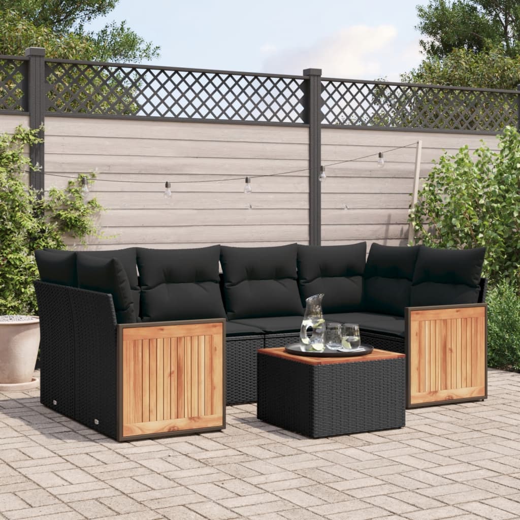vidaXL 7-Piece Lounge Set with Cushions Poly Rattan Black