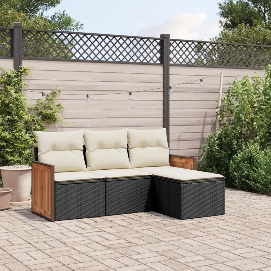 vidaXL 4-Piece Poly Rattan Lounge Set with Cushions Black