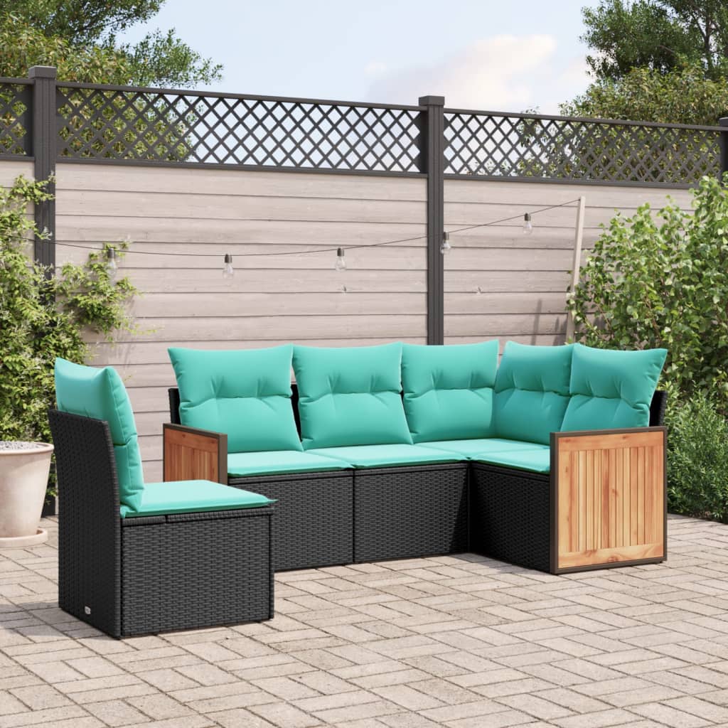 vidaXL 5-piece Garden Sofa Set with Cushions Black Poly Rattan