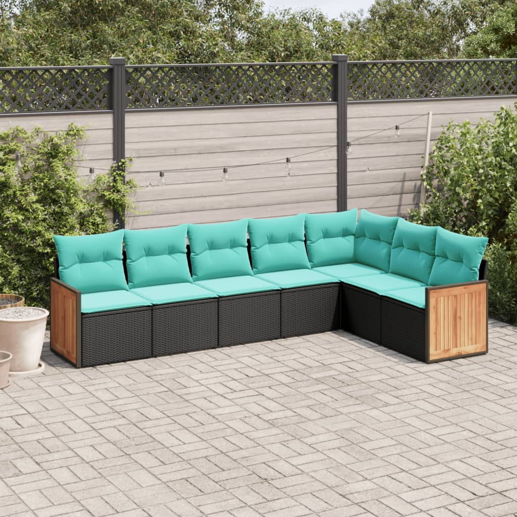 vidaXL 7-Piece Garden Lounge Set with Cushions Black Poly Rattan