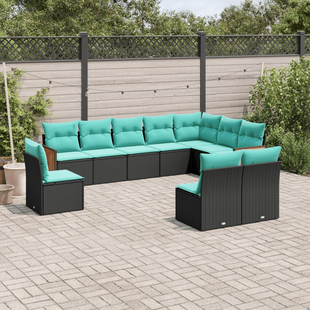 vidaXL ensemble de 10 banques de jardin avec coussins en polyrotan noir