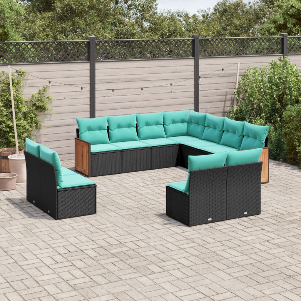 vidaXL 11-Piece Garden Lounge Set with Cushions, Black Poly Rattan