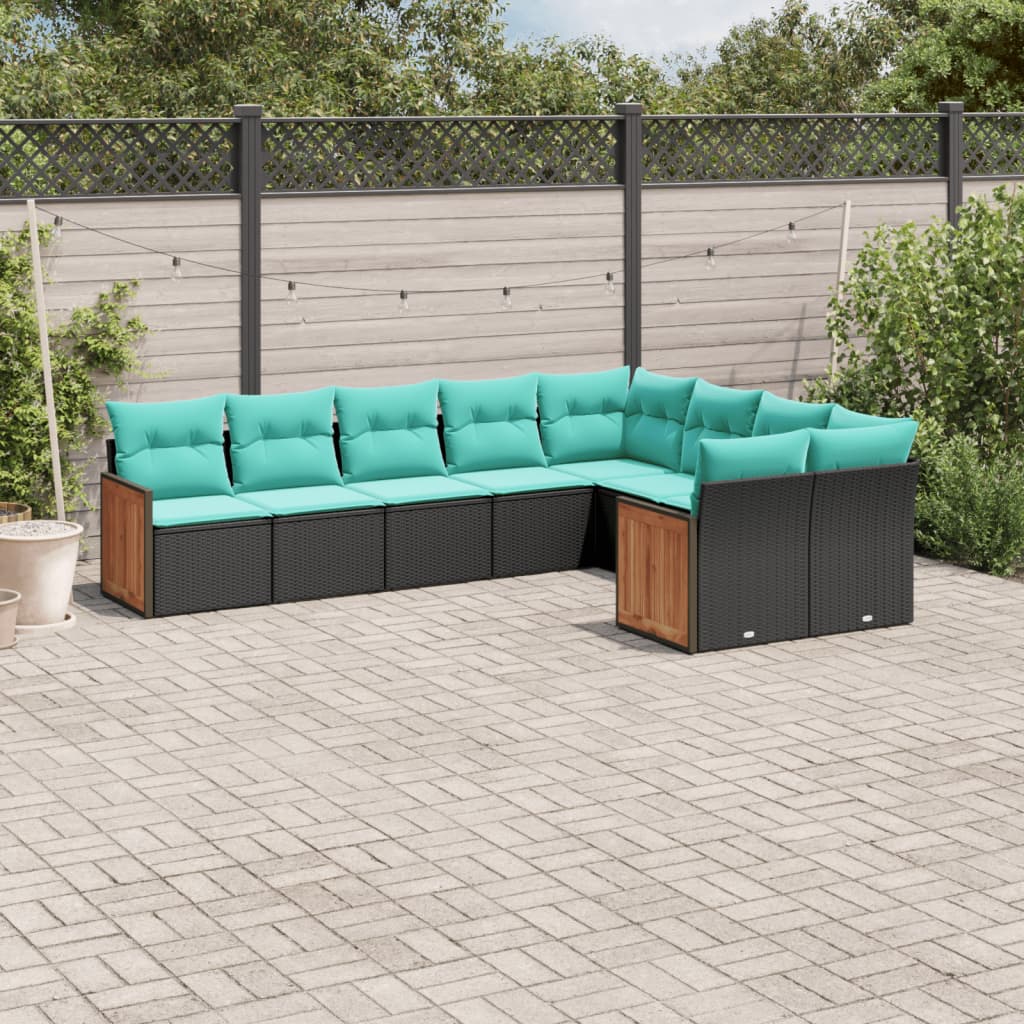 vidaXL ensemble de 9 banques de jardin avec coussins en polyrotan noir