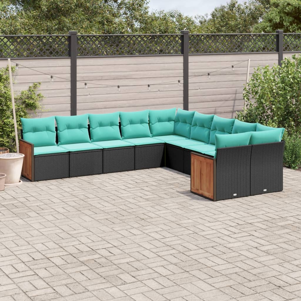 vidaXL ensemble de 10 banques de jardin avec coussins en polyrotan noir
