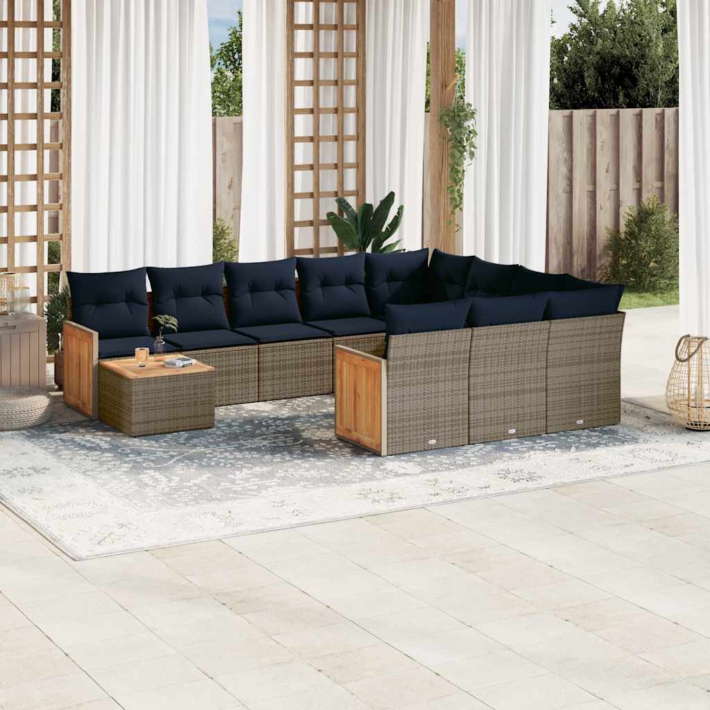 vidaXL 11-Piece Garden Lounge Set with Cushions, Black Poly Rattan