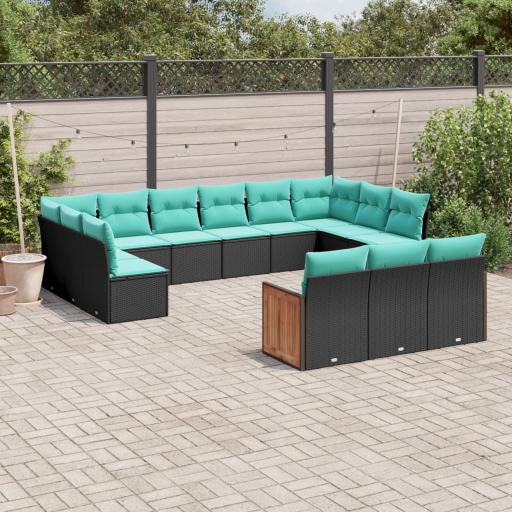 vidaXL Ensemble de 13 banques de jardin avec coussins en polyrotan noir