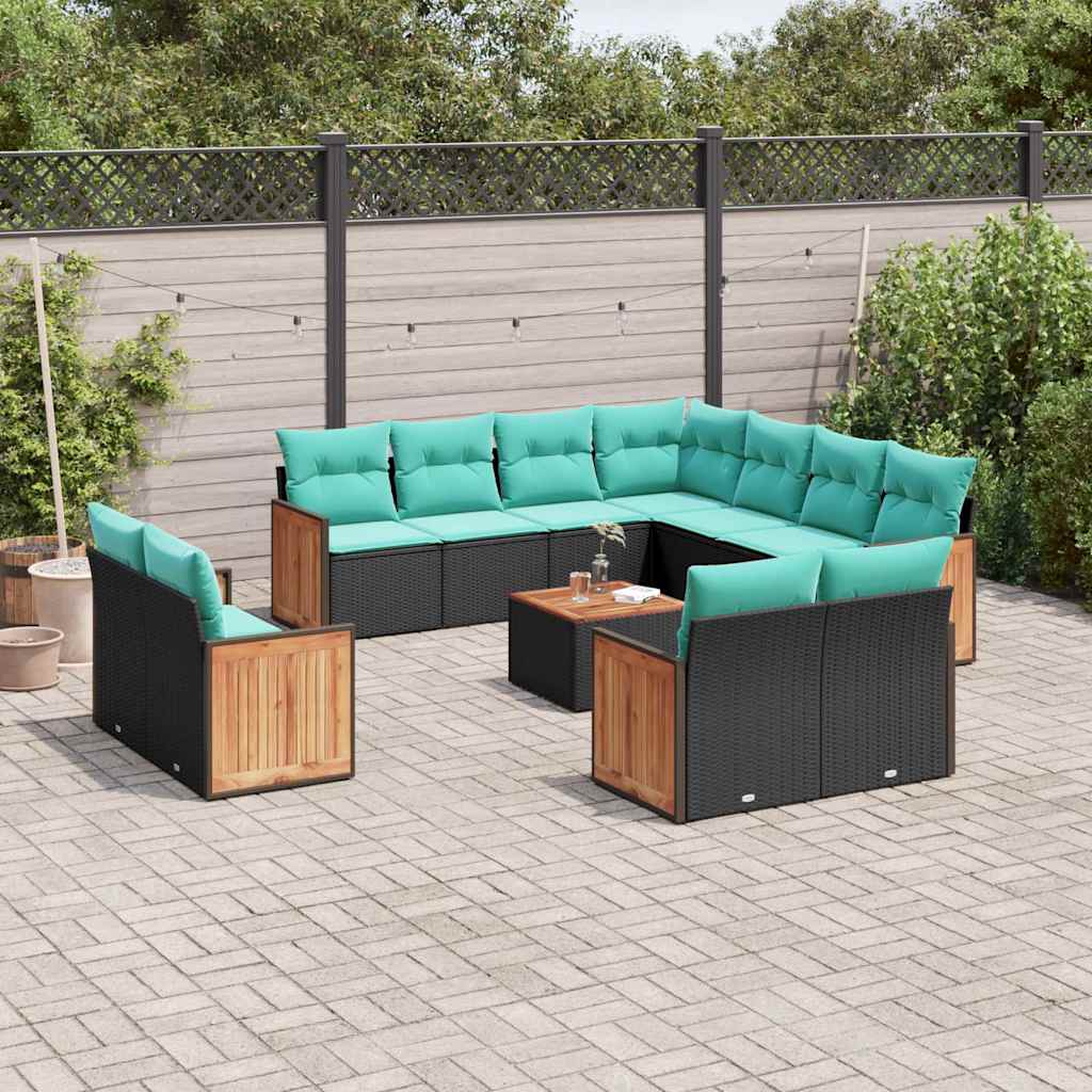 vidaXL 11-delige tuinbankset met kussens, zwart polyrotan