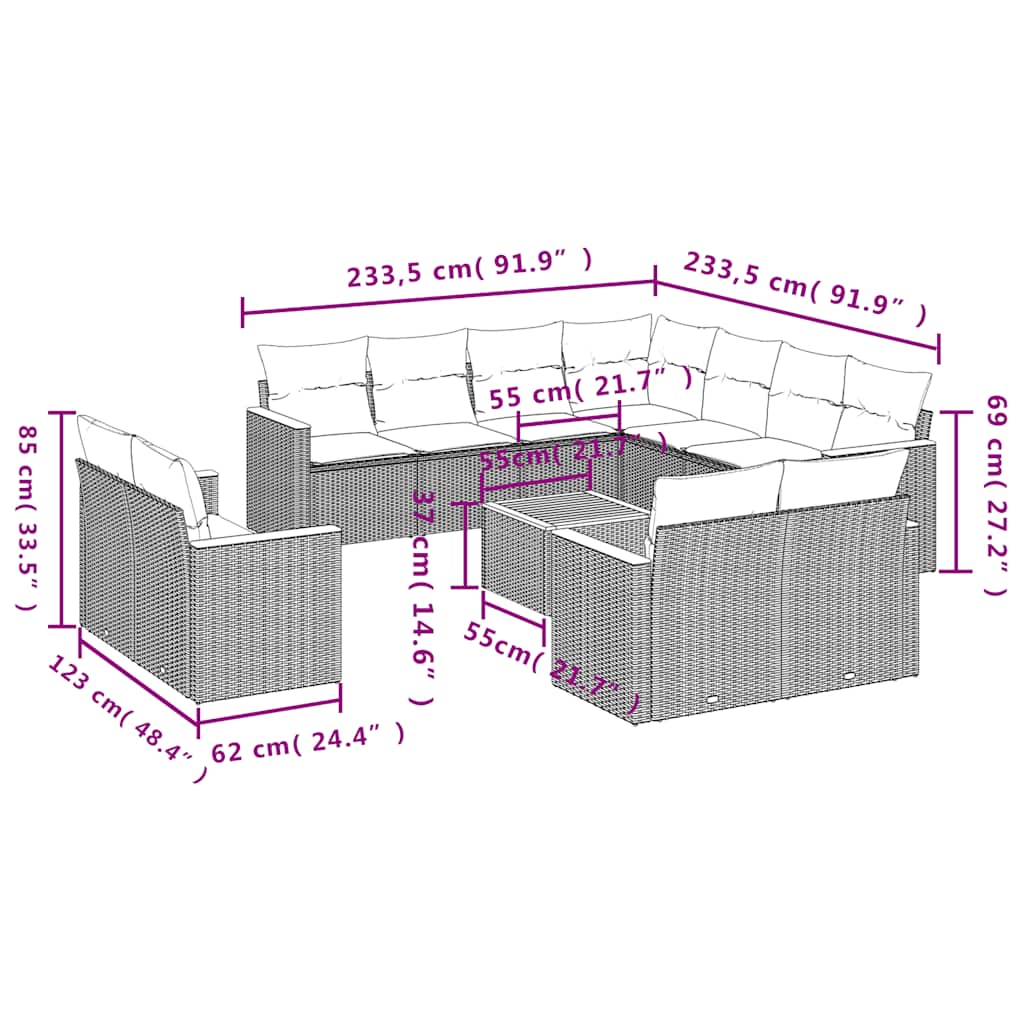 vidaXL 11-delige tuinbankset met kussens, zwart polyrotan