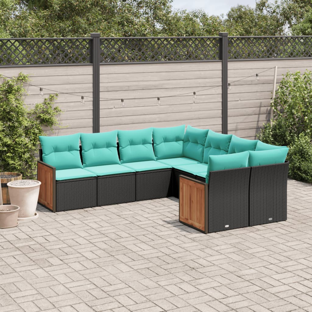 vidaXL 8-piece Garden Sofa Set with Cushions, Black Poly Rattan