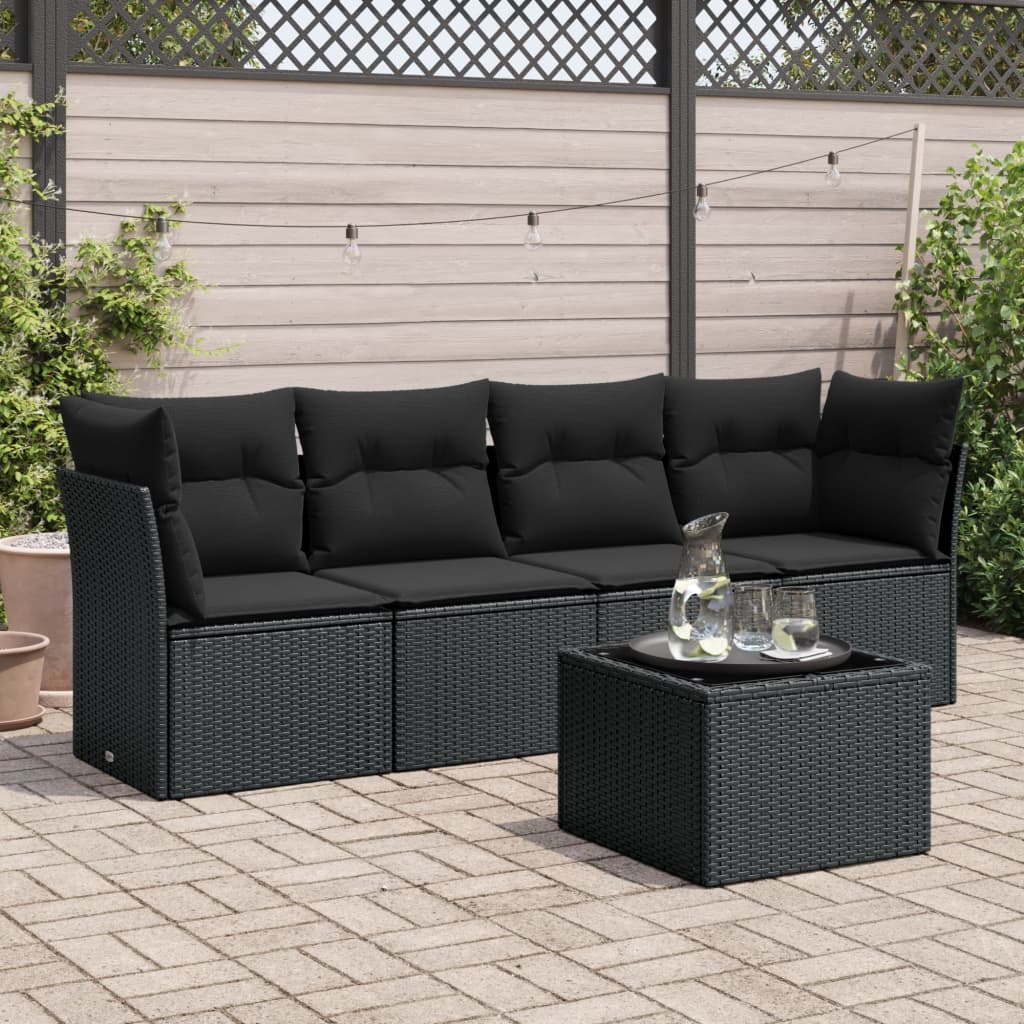 vidaXL Ensemble de salon 4 personnes avec coussins en poly rotin noir