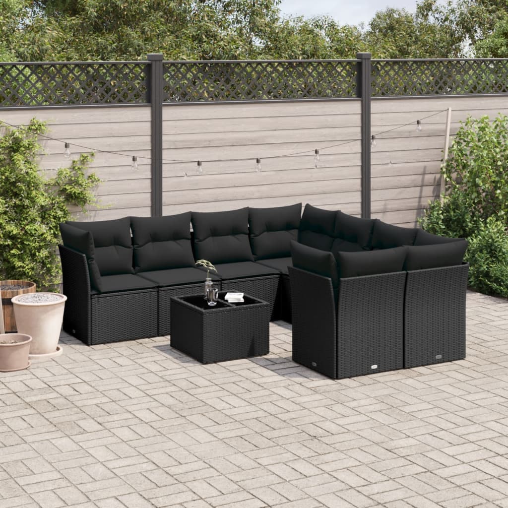 vidaXL 9-piece Poly Rattan Lounge Set with Cushions Black