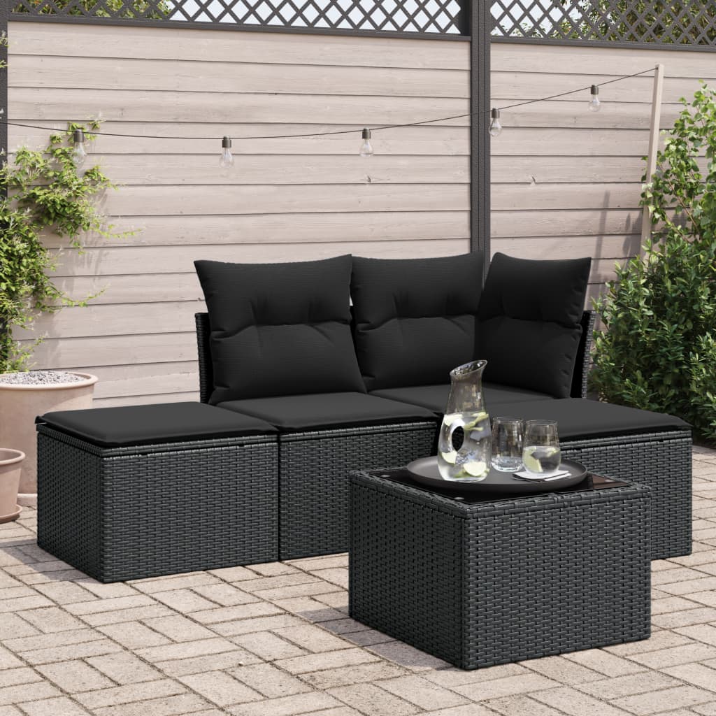 vidaXL 4-Piece Poly Rattan Lounge Set with Cushions Black